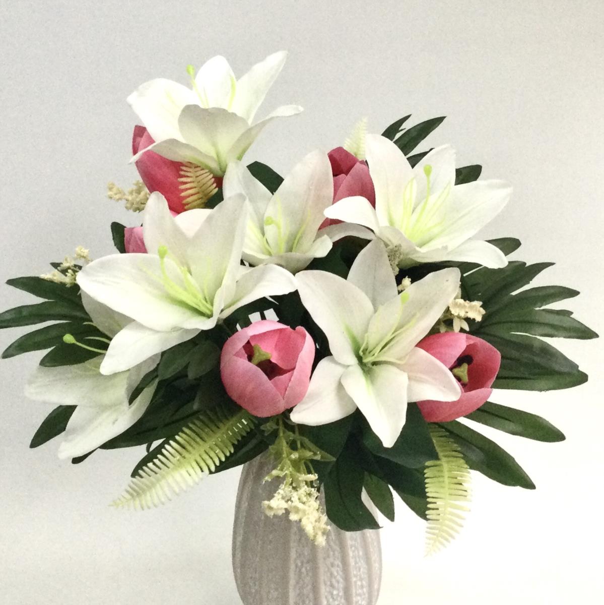 Букет лилии с тюльпанами бело- розовый - 45см