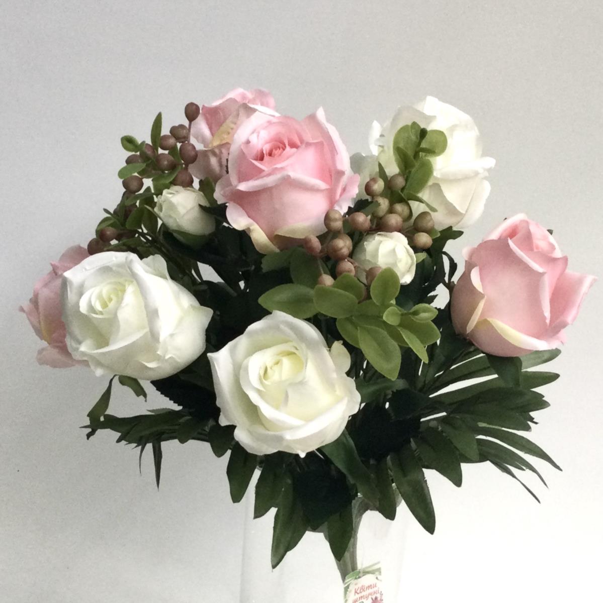 Букет крупных роз бело- розовый - 53см
