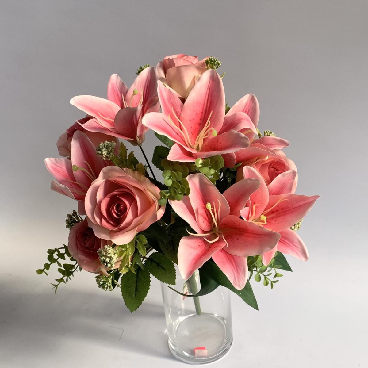 Букет лилий с розами ярко- розовый 40см